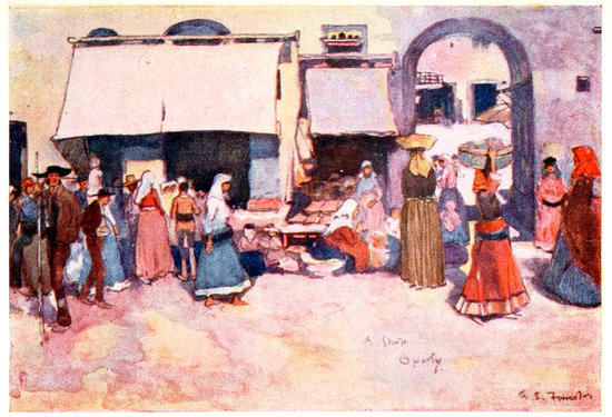 “A SHOP IN OLD OPORTO” (p. 28), illustration by A. S. Forrest. Through Portugal (1907).